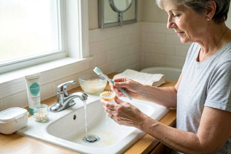 You pop your dentures out at the end of the day, ready to clean them and settle in for the night. But when you look in the mirror, your gums are still coated with a sticky, gummy layer of adhesive that refuses to budge. You rub at it with your finger, and it rolls into stubborn little balls. You rinse with water, and it just sits there. Denture adhesive does its job well, sometimes too well. Getting it off your gums and out of your mouth after removing your dentures can become a nightly frustration if you do not have the right technique. Polident adhesive, along with other zinc-free denture creams, is formulated to create a strong, lasting seal between your dentures and your gums. That strength is exactly what you want during the day when you are eating, speaking, and smiling. But at the end of the day, you want it gone. This guide walks you through every effective method for removing adhesive residue completely, comfortably, and without damaging your gums or your dentures. Why Denture Adhesive Sticks So Tenaciously Understanding what you are dealing with makes removal easier. Denture adhesives like Polident contain polymers that absorb water and swell to create a thin, cushioning layer between the denture and the gum. When hydrated with saliva, these polymers become sticky and form a bond. Throughout the day, the adhesive maintains this bond, preventing food particles from slipping under the denture and keeping the appliance stable. When you remove your dentures, some adhesive typically remains on your gums because the bond between the adhesive and the gum tissue can be stronger than the cohesive bond within the adhesive itself. The adhesive splits, leaving residue behind. This residue is water-resistant enough that plain water rinsing does not dissolve it easily, which is why you need specific techniques to break it down and lift it away. Step-by-Step Gum Cleaning Method The most effective approach combines gentle mechanical action with warm water to soften and remove the adhesive without irritating your gum tissue. Follow these steps each time you remove your dentures. Step One: Remove Dentures Carefully Begin by rinsing your mouth with warm water. Take a sip, swish it around gently, and let it loosen the seal between the denture and your gums. To remove an upper denture, place your thumb against the front teeth and push upward and outward toward your nose. For a lower denture, use a gentle rocking motion while pulling upward. Never force the denture out, as this can damage both the appliance and your gums. Step Two: Initial Rinse with Warm Water Once the dentures are out, take another mouthful of warm water, not hot, and swish it vigorously around your mouth for thirty seconds. Spit the water out. This initial rinse removes loose adhesive and hydrates any remaining residue, beginning the softening process. Step Three: Use a Soft Cloth or Gauze Take a clean, soft washcloth, a piece of gauze, or a microfiber cloth. Moisten it with warm water. Starting at the back of your mouth on one side, gently wipe the gum ridge using a circular motion. Work your way around the entire arch where the denture sits. The cloth's texture grips the adhesive and rolls it away from the gum tissue. Change to a clean section of the cloth as the adhesive accumulates. Continue until the cloth no longer picks up residue. This mechanical removal is the most effective single step in the process. Step Four: Target Stubborn Areas Some areas, particularly the roof of the mouth for upper denture wearers and the ridge crest for lower denture wearers, tend to hold adhesive more stubbornly. For these spots, wrap the cloth or gauze over your fingertip and apply gentle but firm pressure in a circular motion. Do not scrub aggressively, as the gum tissue is delicate and can be irritated by excessive friction. Step Five: Final Warm Water Rinse After removing all visible adhesive, rinse your mouth once more with warm water. Swish thoroughly to flush away any remaining small particles. Your gums should feel smooth and clean. Alternative Methods for Stubborn Adhesive Some formulations of adhesive, or particularly thick applications, may require additional measures beyond the basic cloth-and-water technique. These methods provide extra cleaning power while remaining safe for daily use. Warm Salt Water Rinse Salt water helps break down adhesive and soothes gum tissue at the same time. Dissolve half a teaspoon of salt in a cup of warm water. Swish the solution around your mouth for thirty to sixty seconds, focusing on the areas where adhesive remains. The salt helps dissolve the adhesive polymers while the warmth keeps them soft. After swishing, use the cloth method described above to wipe away the loosened residue. Salt water rinses offer the additional benefit of promoting gum health. The mild saline solution reduces bacteria and can soothe any minor irritation from wearing dentures all day. You can use this method daily without any concern about harshness. Soft-Bristled Toothbrush for Gums If a cloth does not provide enough texture to lift stubborn adhesive, use a very soft-bristled toothbrush reserved specifically for cleaning your gums. Wet the brush with warm water and use gentle circular motions along the gum ridge and palate. The bristles reach into the small contours of your gum tissue and dislodge adhesive that a cloth might pass over. Do not use toothpaste on your gums. Toothpaste contains abrasives and detergents that can irritate delicate gum tissue. Water alone is sufficient when combined with the brush's mechanical action. Rinse the brush thoroughly after each use and replace it regularly. Aloe Vera Gel for Sensitive Gums If your gums feel tender or irritated, aloe vera gel provides a soothing alternative for adhesive removal. Apply a small amount of pure aloe vera gel to a soft cloth or your fingertip and gently massage the gum tissue. The gel helps lubricate the area, making adhesive removal gentler, while its anti-inflammatory properties calm any irritation. Rinse thoroughly with warm water afterward. Oil-Based Method A tiny amount of food-grade oil can help break the bond between adhesive and gum tissue. Coconut oil, olive oil, or even a small dab of vegetable oil applied to a soft cloth can make adhesive removal easier. The oil interacts with the adhesive polymers and reduces their stickiness. This method is particularly helpful for very stubborn residue. Apply a few drops of oil to a soft cloth or gauze. Gently rub the area where adhesive remains. The adhesive should begin to release and roll away. After removal, rinse your mouth thoroughly with warm water and clean your dentures well to remove any oily residue. This method works well but should be used only when water and a cloth prove insufficient, as oil residue on dentures can affect the next application of adhesive. What Not to Do When Removing Adhesive Well-intentioned but misguided removal attempts can damage your gums, cause irritation, or even lead to infection. Avoid these common mistakes. Do Not Use Fingernails Scraping at adhesive residue with your fingernails can scratch and cut the gum tissue. Even if it feels effective in the moment, the microscopic abrasions you create become sites for bacterial entry and can cause sore spots that make wearing your dentures uncomfortable the next day. Stick to soft cloths, gauze, or soft brushes. Avoid Hot Water Hot water can burn your gums, and the tissue inside your mouth is particularly sensitive to heat. Always use warm water, not hot. Test the temperature on your wrist before putting it in your mouth. Water that is comfortably warm to the touch is appropriate. Do Not Use Solvents or Harsh Chemicals Never use household cleaners, alcohol, nail polish remover, or any chemical solvent to remove adhesive from your gums. These substances are toxic, can cause chemical burns, and should never come into contact with oral tissues. If adhesive is so stubborn that you are tempted to reach for a solvent, contact your dentist instead. Avoid Abrasive Scrubbing Even with a soft cloth, aggressive scrubbing can abrade gum tissue. Use firm but gentle pressure. If adhesive does not release easily, soften it with warm water for longer rather than increasing the force of your rubbing. Patience prevents soreness. Do Not Leave Adhesive on Your Gums Overnight Adhesive left on the gums overnight traps bacteria and saliva against the tissue. This can lead to gum inflammation, fungal infections like denture stomatitis, and unpleasant odors. Always remove all adhesive before going to sleep. Your gums need time to rest and breathe without any coverage. Cleaning Adhesive from Your Dentures Adhesive removal from your gums is only half the task. Your dentures also need thorough cleaning to remove the adhesive that remains on their inner surface. Proper denture cleaning ensures a fresh start each morning. Initial Rinse and Soak After removing your dentures, rinse them under warm running water to remove loose adhesive and food particles. Then place them in a denture cleaning solution or plain warm water while you clean your gums. The soaking softens the adhesive on the denture surface, making it easier to remove. Brushing the Denture Use a soft-bristled denture brush, not the same brush you use for your gums, and a denture cleaning paste or mild liquid soap. Never use regular toothpaste on dentures, as it contains abrasives that scratch the acrylic surface. Scratches create hiding places for bacteria and can make the denture appear cloudy over time. Brush all surfaces of the denture, paying special attention to the tissue side where the adhesive was applied. Use circular motions and ensure you reach every crevice. Rinse thoroughly under running water to remove all traces of cleaning product and loosened adhesive. Denture Cleaning Tablets Effervescent denture cleaning tablets help break down adhesive and kill odor-causing bacteria. Drop one tablet into a glass of warm water, place your dentures in the solution, and let them soak for the time specified on the product instructions, typically fifteen to thirty minutes. After soaking, brush the dentures and rinse thoroughly. The soaking solution reaches areas that brushing may miss, including the small crevices around clasps and between any remaining natural teeth for partial denture wearers. Overnight soaking provides the deepest clean. Ultrasonic Cleaners An ultrasonic denture cleaner uses high-frequency sound waves to create microscopic bubbles that gently dislodge debris from every surface of the denture. These devices provide a deeper clean than brushing alone and are particularly effective at removing adhesive from textured surfaces and hard-to-reach areas. While the initial cost is an investment, an ultrasonic cleaner can make daily denture care faster and more thorough. Preventing Excessive Adhesive Buildup The best way to manage adhesive removal is to minimize how much residue you have to remove in the first place. Proper application technique makes a significant difference. Apply Adhesive Sparingly More adhesive does not mean a better hold. In fact, using too much adhesive often results in a weaker bond because the thick layer of cream prevents the denture from seating properly against the gums. Apply adhesive in thin strips or small dots, leaving space between them. For a full upper denture, a thin continuous strip along the ridge and a few dots on the palate are typically sufficient. For a lower denture, three or four small dots spaced along the ridge work well. Experiment to Find the Minimum Effective Amount Each person's mouth is different. Experiment with using slightly less adhesive each day until you find the minimum amount that still provides a secure hold throughout the day. You may be surprised at how little you actually need. Using less adhesive means less residue to remove and a more comfortable denture experience overall. Allow Adhesive to Set Before Eating or Drinking After inserting your dentures with fresh adhesive, wait at least five to ten minutes before eating or drinking. This waiting period allows the adhesive to hydrate from your saliva and form its initial bond. If you eat or drink immediately, you may disrupt this process, causing the adhesive to squeeze out around the edges of the denture and create more residue. Keep Dentures Moist Denture adhesive works best when the denture base is slightly moist before application. A completely dry denture can cause the adhesive to clump and apply unevenly, leading to more residue. After cleaning your dentures, shake off excess water but do not dry them completely before applying fresh adhesive. Gum Care Between Adhesive Use Your gums need attention beyond adhesive removal. Healthy gums provide a better foundation for dentures and may require less adhesive for a secure fit. Give Your Gums a Break Remove your dentures at night without exception. Your gum tissue needs time without pressure to maintain healthy circulation. Nighttime removal also allows your gums to be exposed to saliva's natural antimicrobial properties, reducing the risk of fungal and bacterial infections. Massage Your Gums After removing adhesive, take an extra minute to gently massage your gum ridges and palate with a clean fingertip or a very soft toothbrush. This massage stimulates blood flow, which promotes healthy tissue and can help reduce soreness. It also helps you detect any tender spots or areas of irritation early, before they become painful problems. Monitor for Irritation Check your gums daily for any signs of redness, swelling, or sore spots that do not resolve quickly. Persistent irritation may indicate that your dentures need adjustment. A well-fitting denture should not require massive amounts of adhesive to stay in place. If you find yourself using more and more adhesive to compensate for looseness, schedule a dental appointment for a denture reline or replacement. Stay Hydrated Adequate water intake supports healthy saliva production, which benefits your gum tissue. A dry mouth makes gums more susceptible to irritation and can make adhesive more difficult to remove because it becomes drier and more tenacious. Drink water throughout the day. When Adhesive Removal Problems Signal Bigger Issues Sometimes difficulty removing adhesive points to an underlying problem that needs professional attention. Excessive Adhesive Use If you need to apply a thick layer of adhesive to keep your dentures in place, your dentures likely do not fit properly. Dentures that once fit well can become loose over time as the jawbone naturally resorbs. Using adhesive to compensate for poor fit is a temporary solution that can lead to increased bone loss because the unstable denture accelerates the resorption process. A denture reline, which adds new material to the tissue side of the denture to improve fit, or a new denture may be necessary. Your dentist or prosthodontist can evaluate your situation and recommend the appropriate solution. Gum Inflammation If your gums are consistently red, swollen, or tender, adhesive may not be the only cause. Poorly fitting dentures, inadequate hygiene, or fungal infections can all contribute to gum inflammation. Leaving dentures in overnight, which is never recommended, dramatically increases the risk of denture stomatitis, a yeast infection that causes redness and soreness under the denture. Allergic Reaction Though uncommon, some individuals develop sensitivity or allergic reactions to ingredients in denture adhesive. If you notice persistent burning, redness, or irritation that correlates with adhesive use and resolves when you stop using it, you may be reacting to a component of the adhesive. Zinc-free formulations like Polident have reduced certain risks, but any product can potentially cause a reaction in sensitive individuals. Consult your dentist about alternative products. Residual Adhesive and Infection Adhesive that remains on the gums creates a film that traps bacteria. Over time, this can contribute to oral infections. If you notice a white coating that can be wiped away, persistent bad breath, or an unpleasant taste, you may have developed a fungal infection. A dentist can diagnose and prescribe antifungal treatment if needed. Special Considerations for Different Adhesive Types Polident offers several formulations, and while the removal methods described above work for all of them, slight differences exist. Cream Adhesives The original cream formulation is the most widely used. It spreads into a thin, even layer and typically removes relatively easily with the warm water and cloth method. Cream adhesives tend to hydrate more fully than powder formulations, which can make them easier to remove. Powder Adhesives Powder adhesives are sprinkled onto a wet denture surface. They typically create a thinner layer than creams and may leave less residue. However, the residue they do leave can sometimes feel grittier and require more thorough rinsing to remove completely. The same cloth-and-warm-water method works effectively. Adhesive Strips or Cushions Pre-formed adhesive strips or cushions are placed on the denture before insertion. These products are designed to provide cushioning as well as adhesion. They typically remove in one piece with the denture, leaving minimal residue on the gums. If pieces remain, the warm water and cloth method removes them. Adhesive Type Application Method Typical Residue Amount Removal Notes Cream Squeezed onto denture Moderate Softens well with warm water Powder Sprinkled onto wet denture Light to moderate May require more rinsing Strips/Cushions Pre-formed, placed on denture Minimal Usually removes with denture Conclusion Removing Polident denture adhesive effectively requires softening the residue with warm water, gently wiping the gums with a soft cloth or gauze using circular motions, and following up with a thorough rinse. For stubborn residue, salt water rinses, a soft toothbrush, or a small amount of food-grade oil can provide additional removal power. Consistent daily removal protects gum health, prevents infection, and ensures that your dentures feel fresh and comfortable each morning. FAQ Can I use toothpaste to remove adhesive from my gums? No. Toothpaste contains abrasives and detergents that can irritate delicate gum tissue. Stick to warm water and a soft cloth, gauze, or soft-bristled brush without toothpaste. What if adhesive residue remains in my mouth after trying everything? If you have used warm water, a soft cloth, and salt water rinses and adhesive still remains, try the oil method with a small amount of coconut or olive oil on a cloth. If residue persists consistently, you may be using too much adhesive. Reduce the amount you apply and see if the problem resolves. How do I remove adhesive from the roof of my mouth? The palate can be tricky because the tissue is smooth and the adhesive forms a thin, wide layer. Use a moistened soft cloth wrapped over your index finger and apply firm, circular pressure across the entire palate. Work from front to back. A salt water rinse before wiping can help soften the adhesive. Can I leave my dentures in overnight if I forget to remove them? Remove them as soon as you remember, even if it is the middle of the night. Leaving dentures in overnight significantly increases the risk of gum inflammation and fungal infection. Make it a habit to remove and clean your dentures at the same time each evening. Is it normal to have some adhesive residue every morning? No. You should remove all adhesive from your gums and dentures before going to bed. Waking up with adhesive residue means the cleaning the night before was incomplete. Review your removal technique to ensure you are thorough. Can I use mouthwash to help remove adhesive? Mouthwash does not dissolve adhesive effectively, and alcohol-based mouthwashes can irritate gums that have been covered all day. Stick with warm water or salt water for adhesive removal. If you want to use mouthwash for freshness, do so after the adhesive is completely removed. Why does my adhesive seem harder to remove over time? If you are using more adhesive or the same adhesive is becoming harder to remove, your dentures may be losing their fit. Loose dentures often prompt increased adhesive use, which means more residue. Additionally, as the adhesive layer thickens, it becomes more difficult to hydrate and remove fully. Schedule a dental evaluation to check your denture fit. What if my gums bleed when I remove adhesive? Bleeding gums indicate inflammation or overly aggressive cleaning. Use lighter pressure and ensure your cloth or brush is soft. If bleeding persists, see your dentist. Bleeding gums under dentures can indicate ill-fitting appliances, infection, or other conditions that need professional attention. Additional Resource For more information on denture care and adhesive products, visit the American College of Prosthodontists at gotoapro.org. This organization provides patient education resources and a locator tool to find a prosthodontist, a specialist in denture care and tooth replacement.